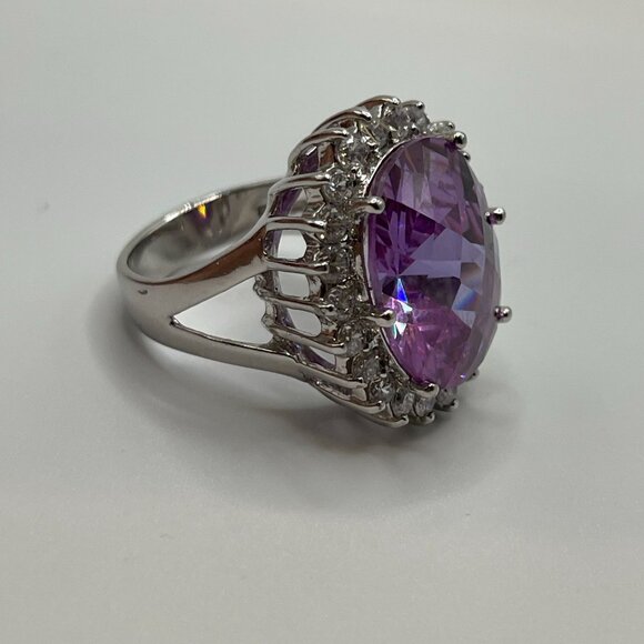 Large Oval Purple CZ & Clear Accents Sterling Silver Ring 925 Marked - Picture 11 of 11